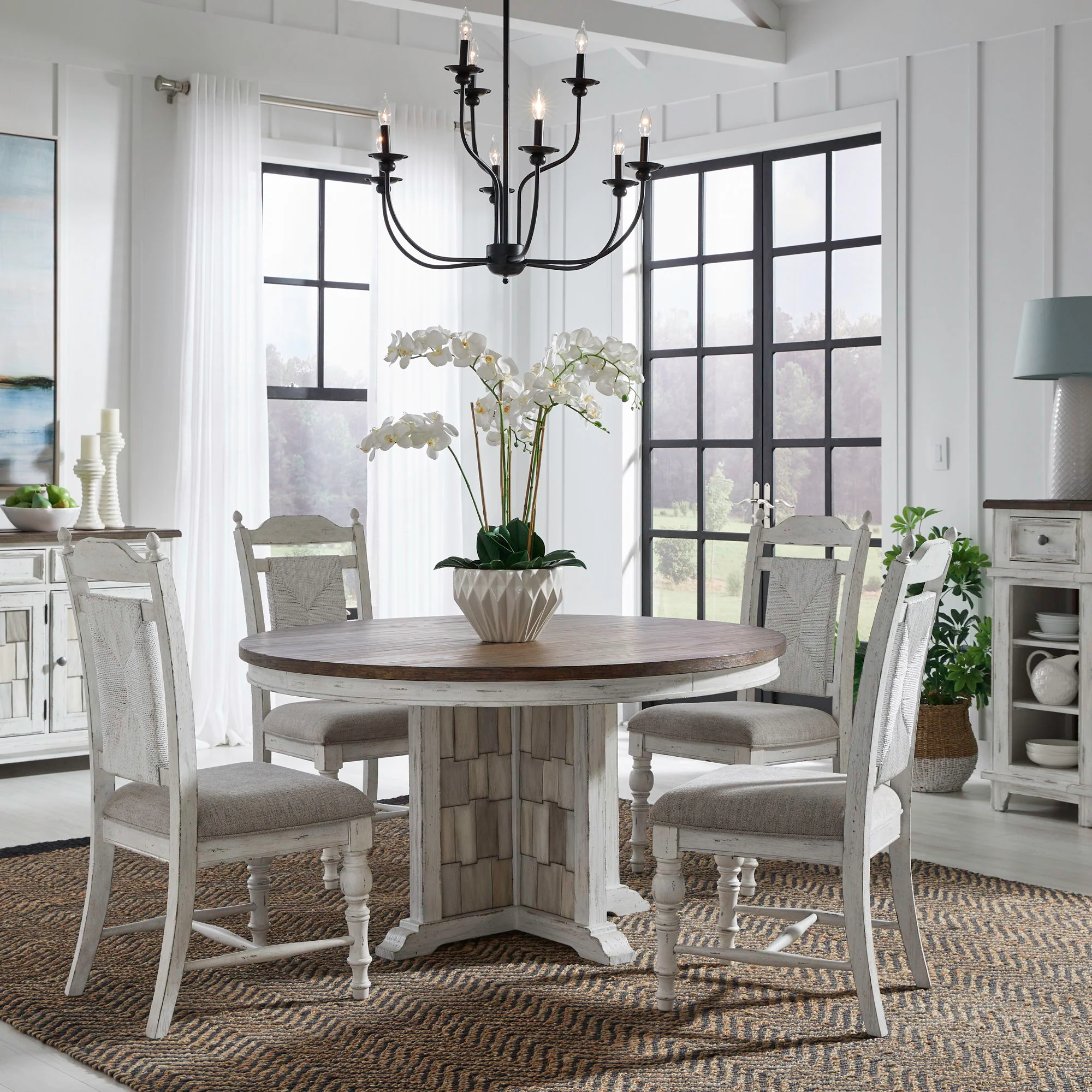 River Place - 5 Piece Pedestal Table Set - Riverstone White & Tobacco - Image 1