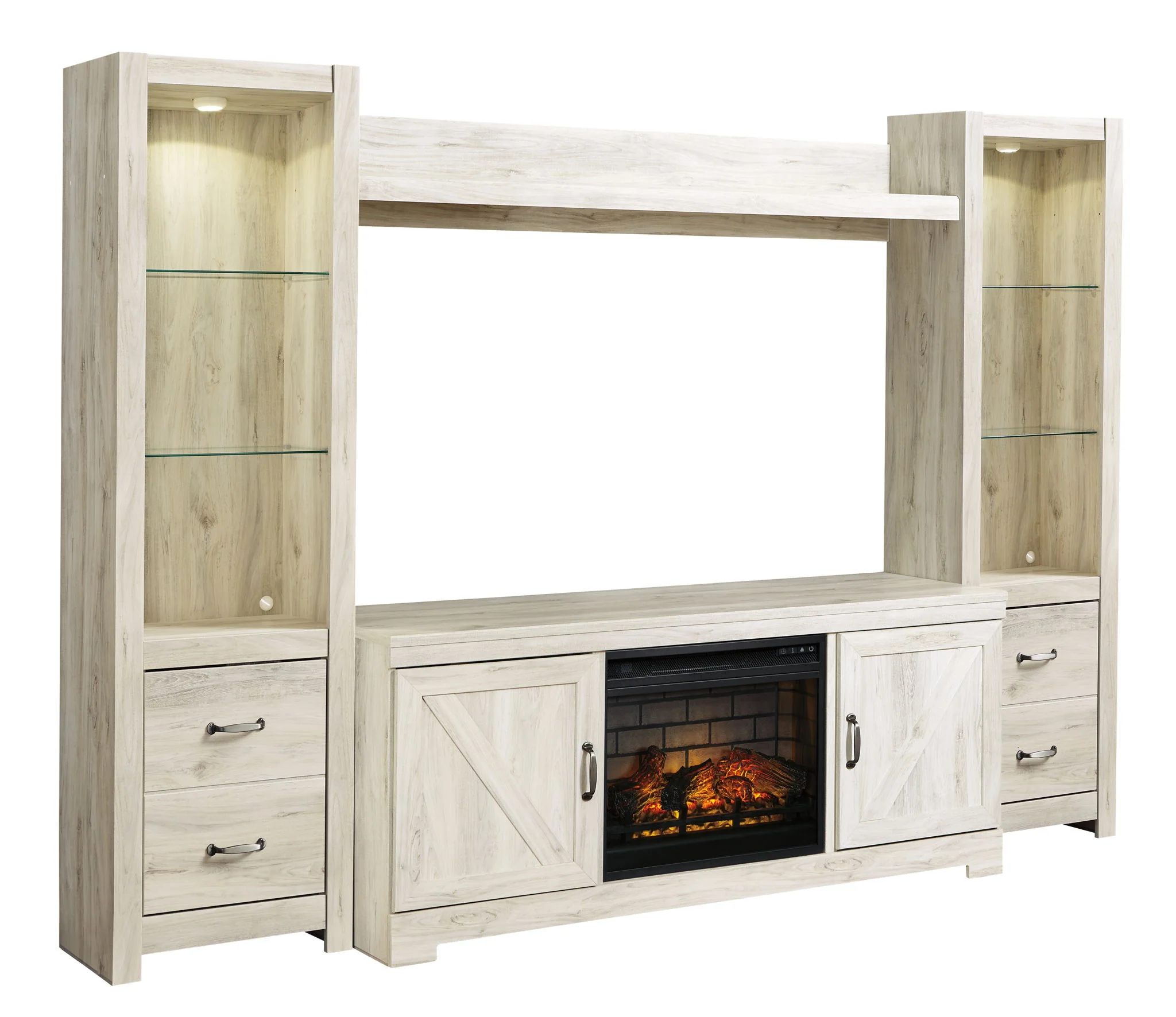 Bellaby – Entertainment Center – TV Stand With Faux Firebrick Fireplace Insert – Whitewash
