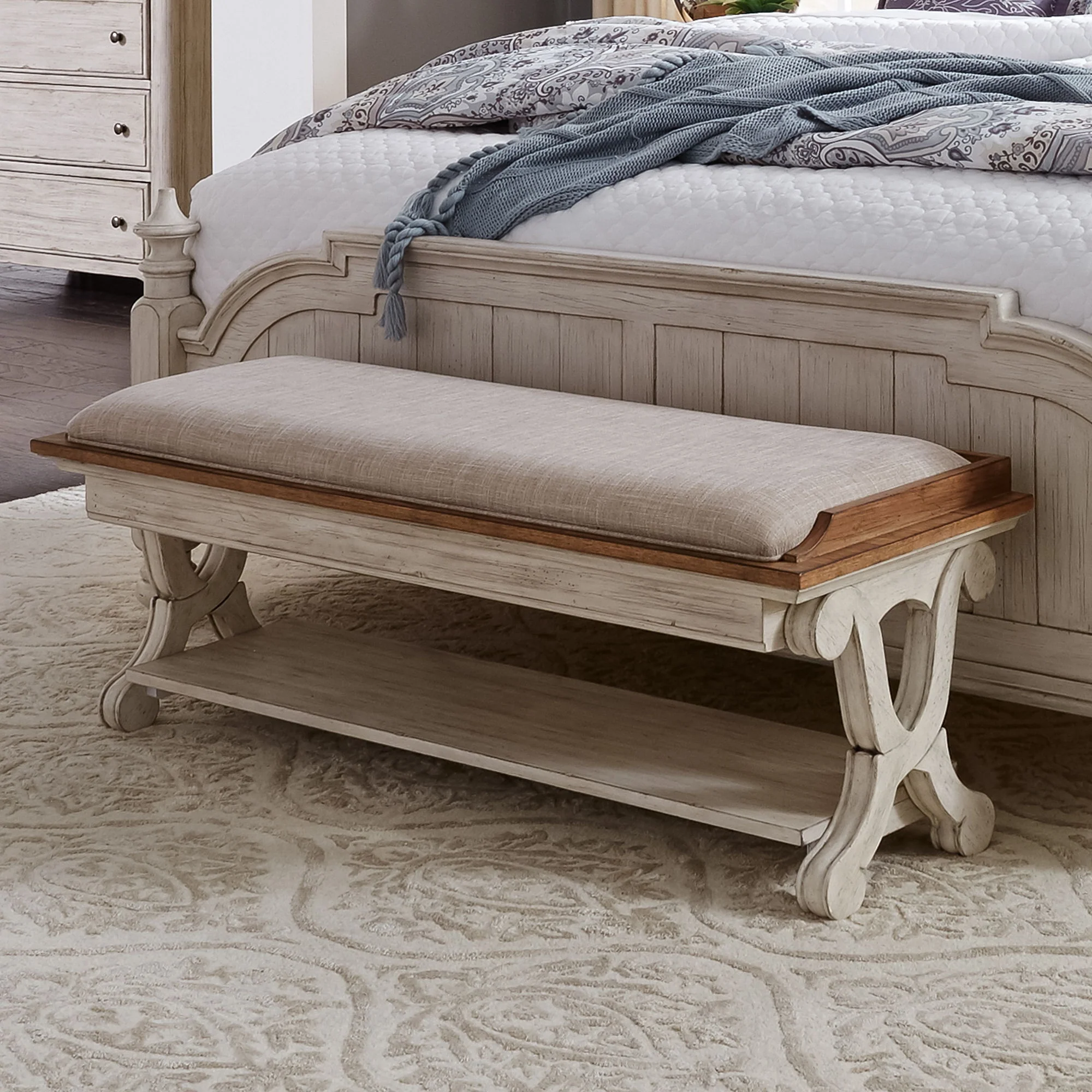 Farmhouse Reimagined – Bed Bench – Antique White / Chestnut Tops