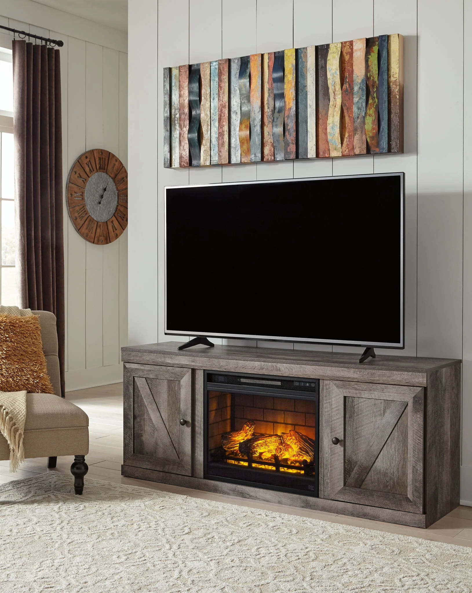 Wynnlow – TV Stand With Faux Firebrick Fireplace Insert – Gray
