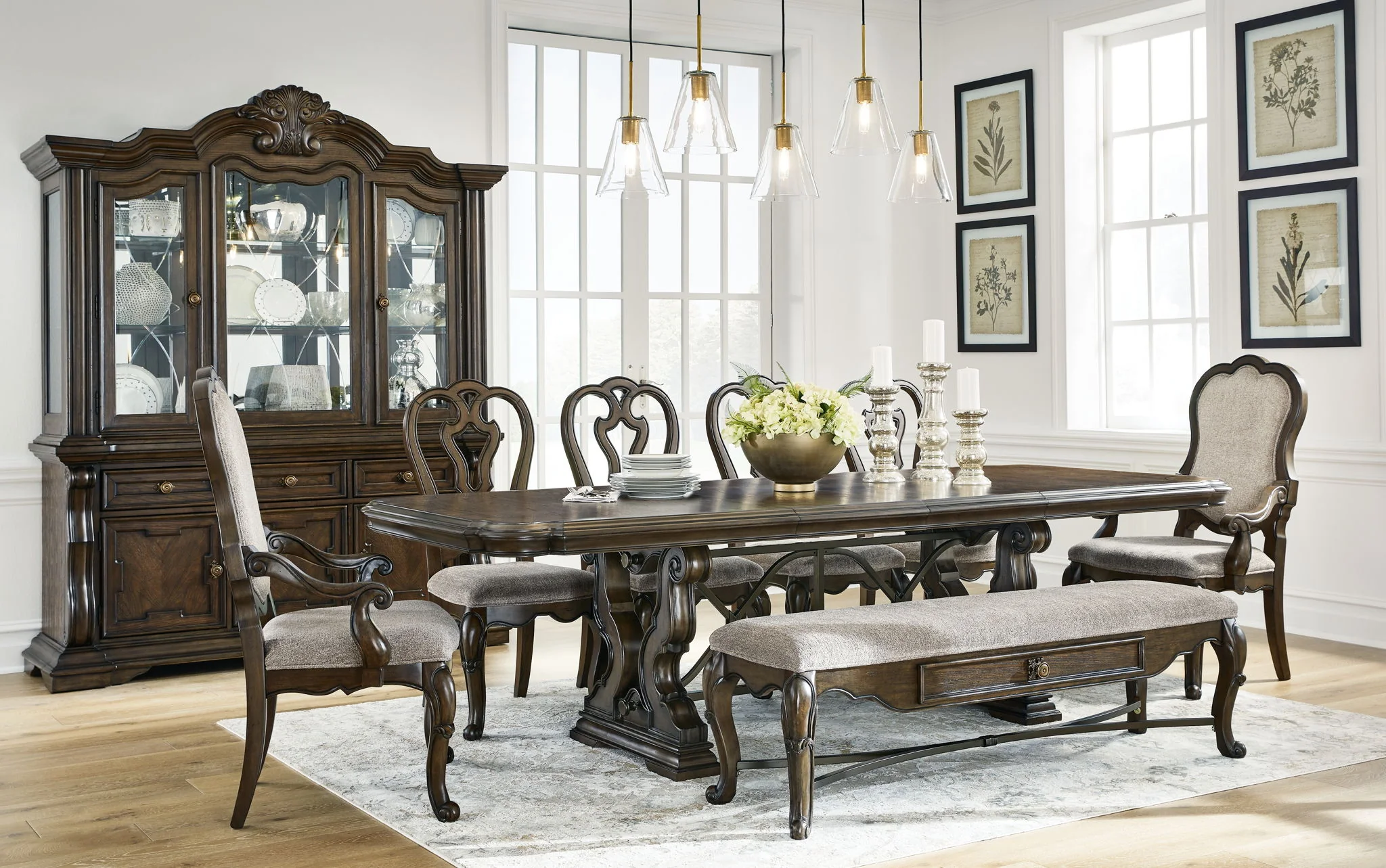 Maylee – 11 Pc. – Dining Extension Table, 4 Side Chairs, 2 Arm Chairs, Storage Bench, Buffet And Hutch – Dark Brown