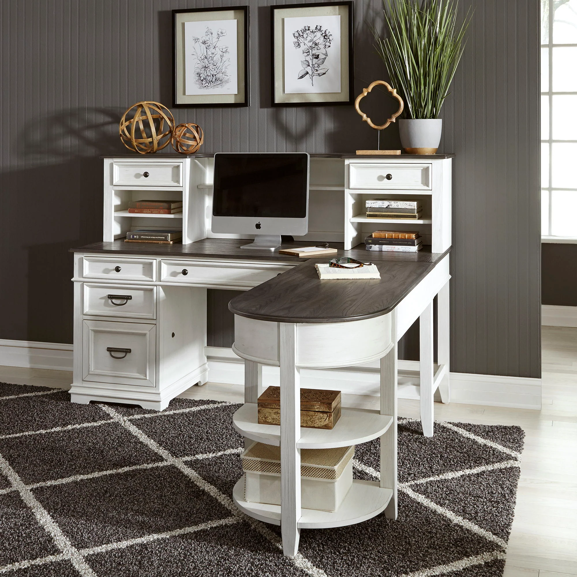 Allyson Park – L Shaped Desk With Hutch – Wirebrushed White / Charcoal