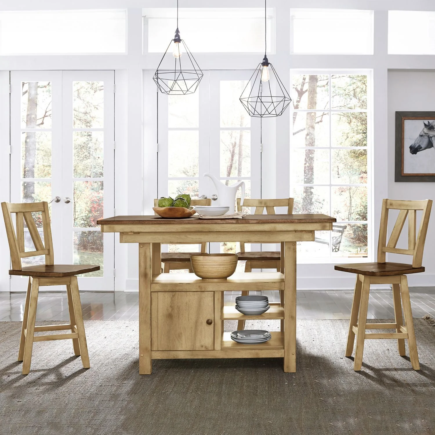 Lindsey Farm – 5 Piece Gathering Table Set – Natural & Brown