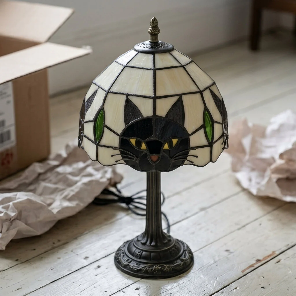 Midnight Cat Stained Glass Table Lamp