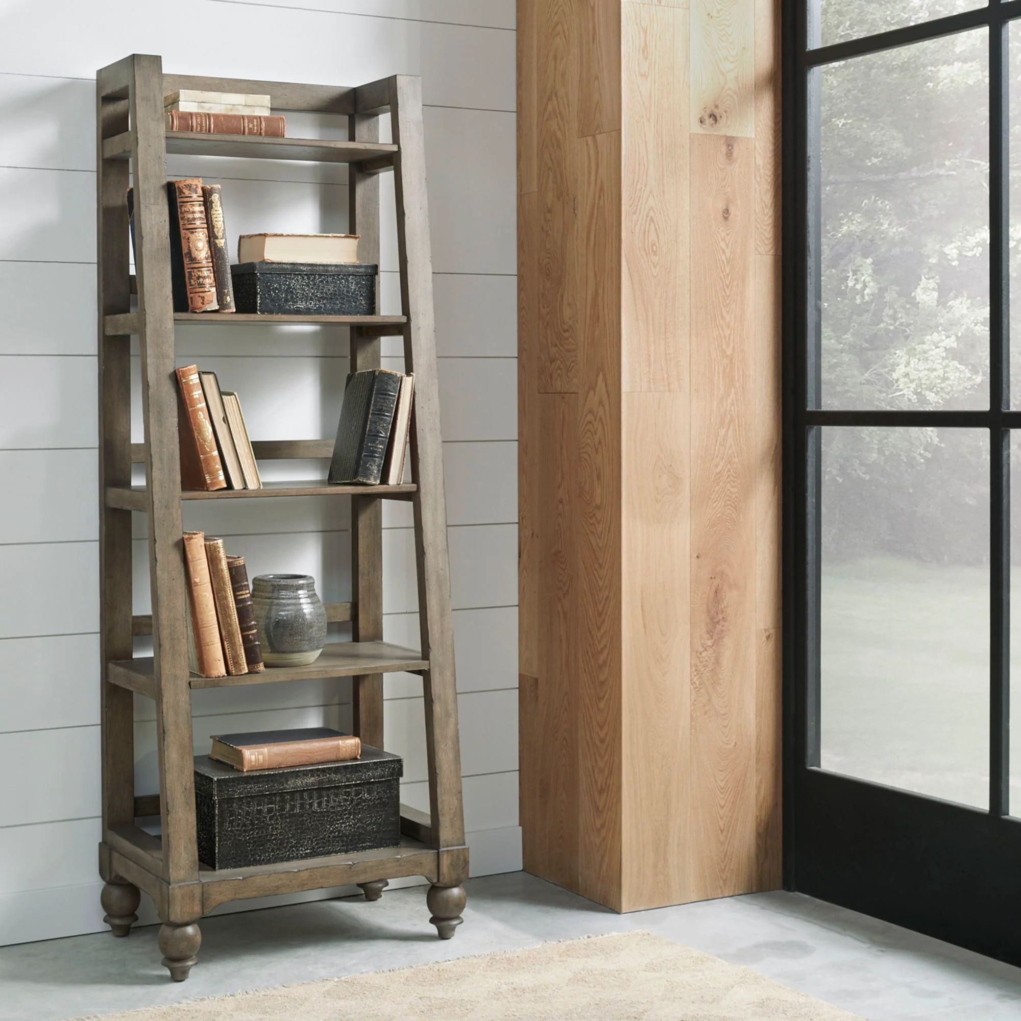 Americana Farmhouse - Wood Leaning Pier Bookcase - Dusty Taupe - Image 1