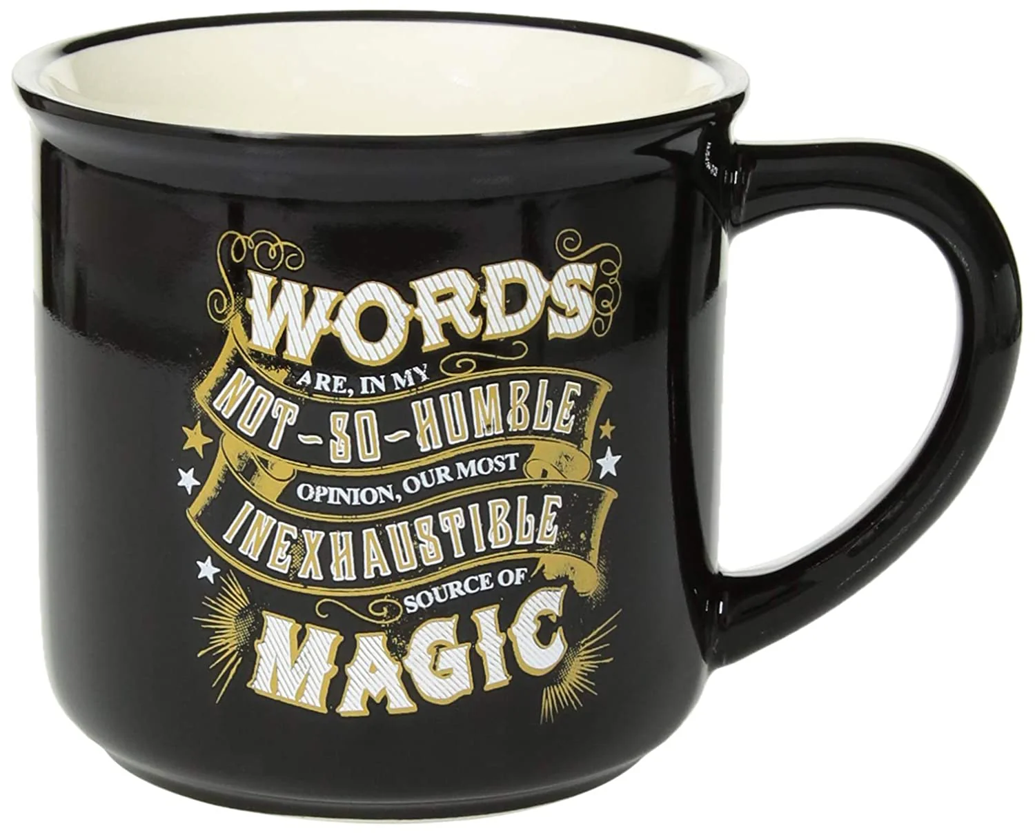 Harry Potter Words Magic Spell Black 16 Ounce Glossy Ceramic Camper Mug - Image 1