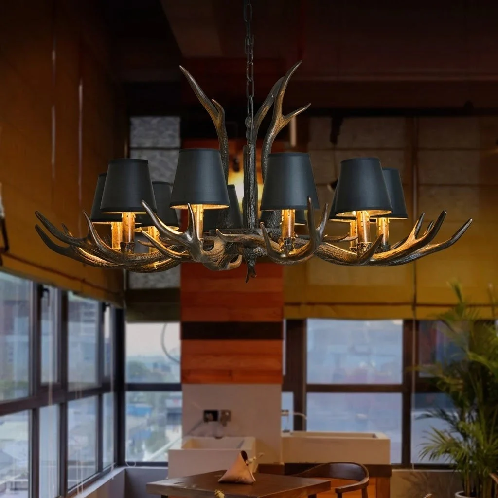 Rustic Antler Black Shade Ceiling Chandelier - Image 2