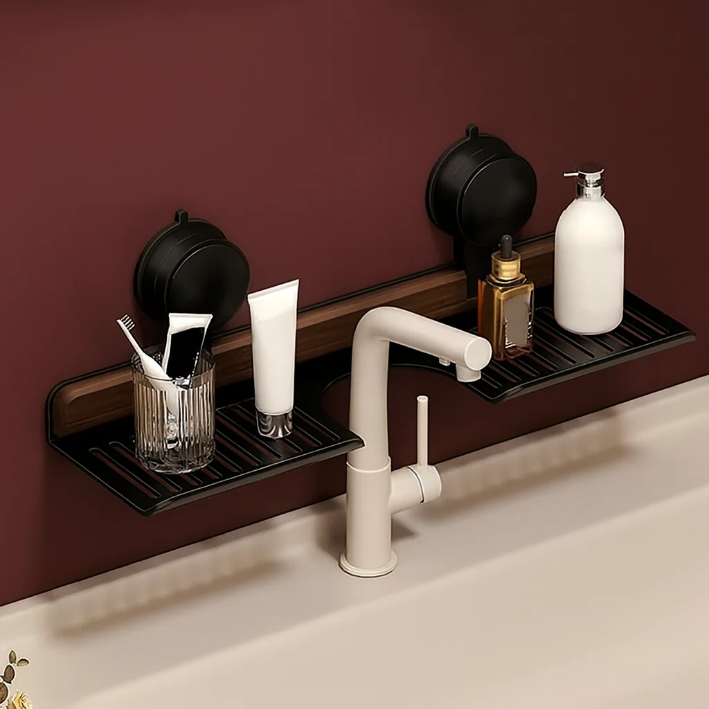 Over Sink Suction Cup Walnut Bathroom Rack - Image 1