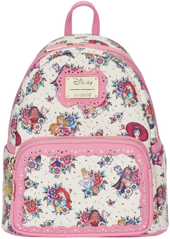 Loungefly Disney Princess Tattoo All Over Print Womens Double Strap Shoulder Bag Purse Backpack - Image 1