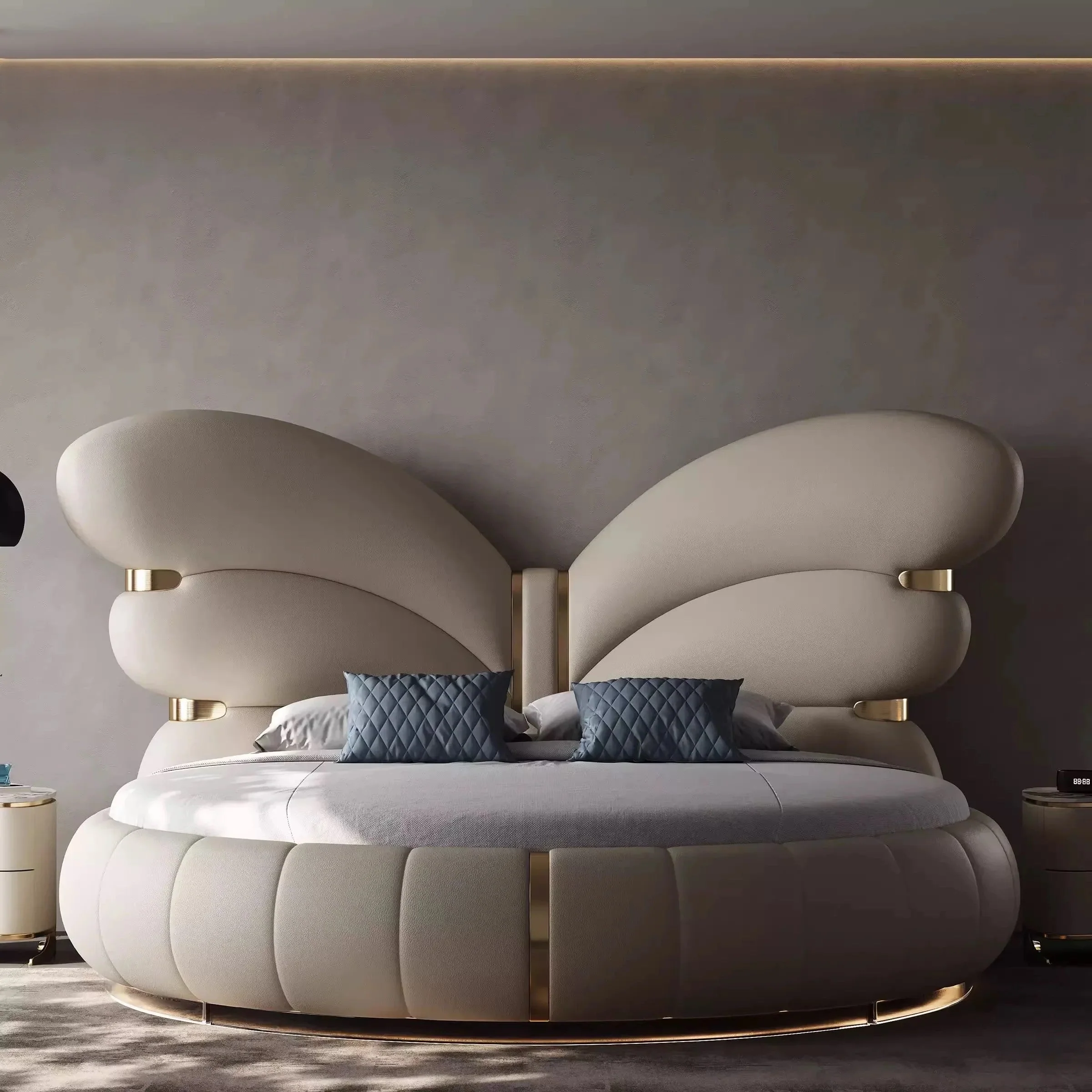 Elegant Butterfly Wing Headboard Leather Round Bed - Image 3