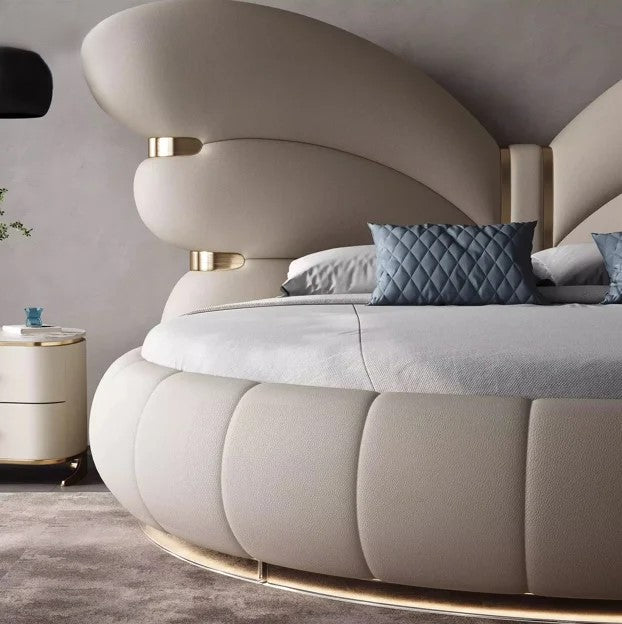 Elegant Butterfly Wing Headboard Leather Round Bed - Image 2