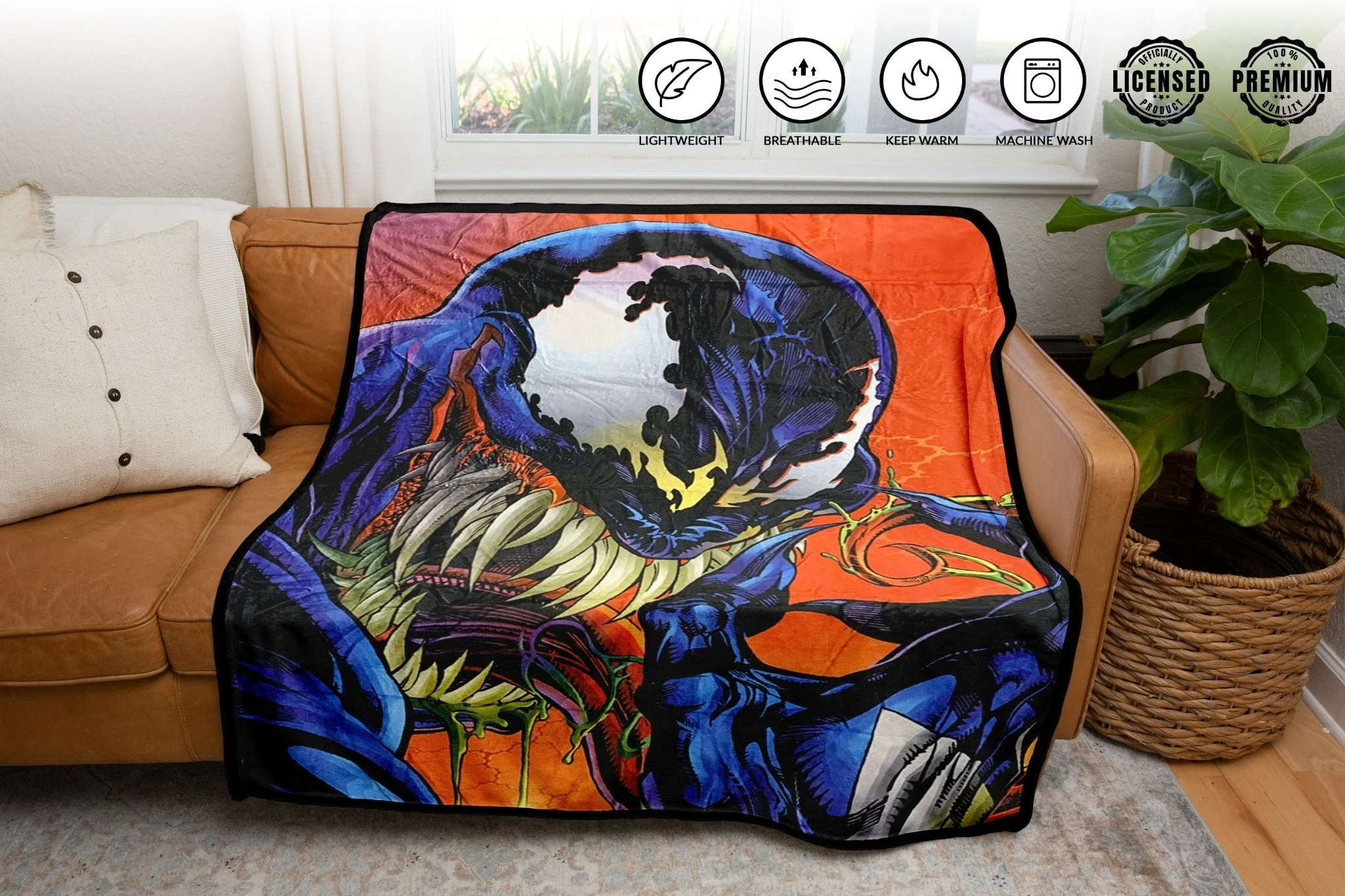 Marvel Venom Tongue Spider-Man Villain Fleece Throw Blanket 45in. By 60in. - Image 1