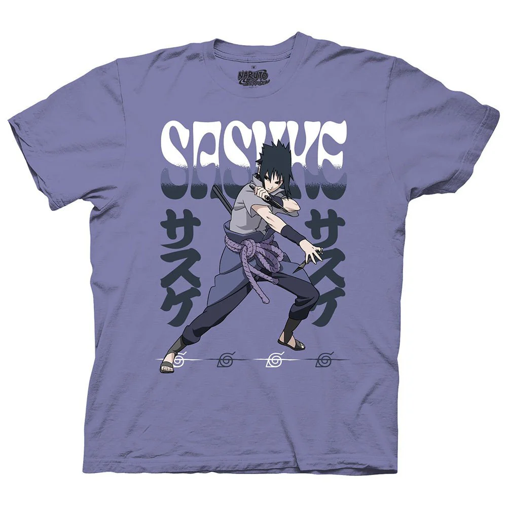 Naruto Shippuden Fighting Stance Sasuke With Name Adult T-Shirt - Image 1