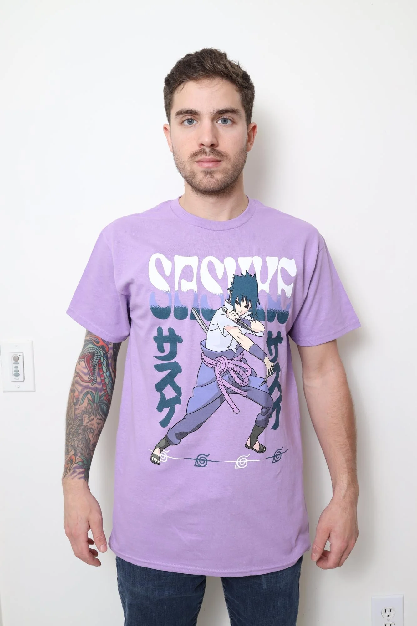Naruto Shippuden Fighting Stance Sasuke With Name Adult T-Shirt - Image 2