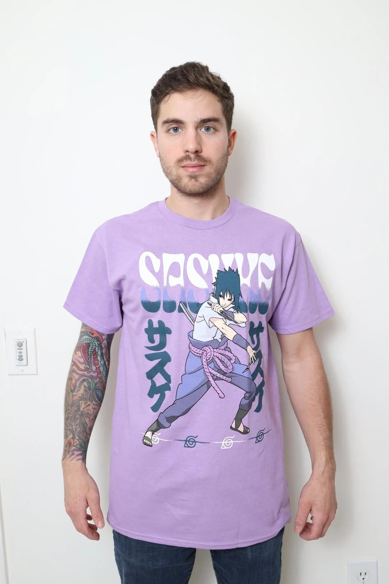 Naruto Shippuden Fighting Stance Sasuke With Name Adult T-Shirt - Image 3