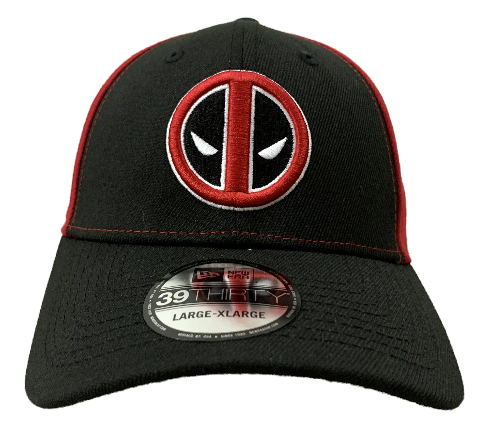 New Era Marvel Deadpool Symbol Black And Red 39Thirty Fitted Hat M/L - Image 1