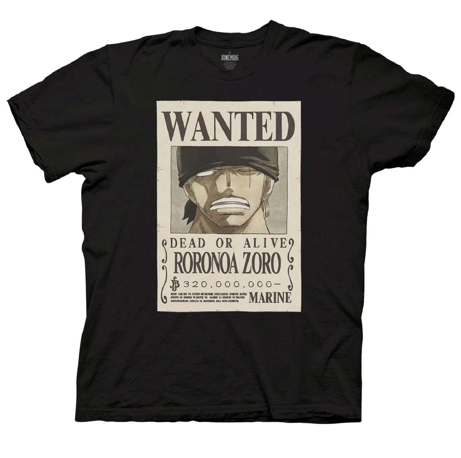 One Piece Roronoa Zoro Full Wanted Poster Anime Adult Unisex T-Shirt - Image 1