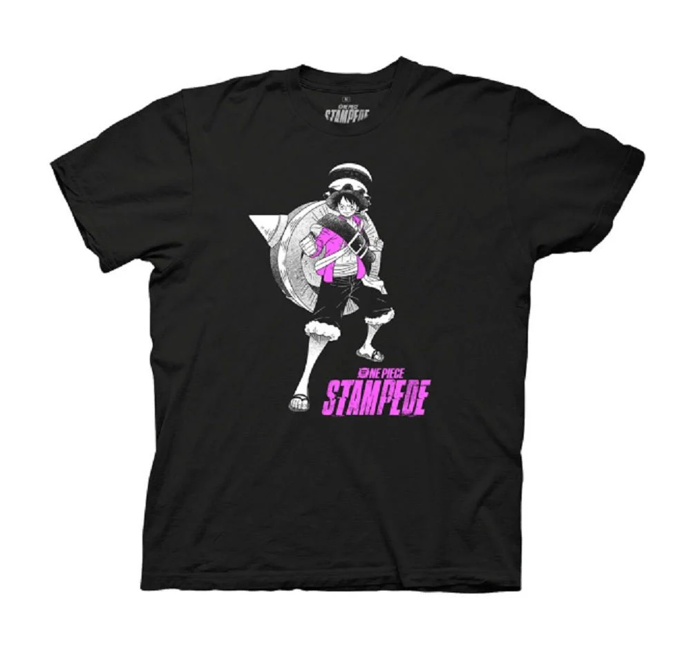 One Piece Stampede Luffy Pink Logo Anime Adult T-Shirt - Image 1