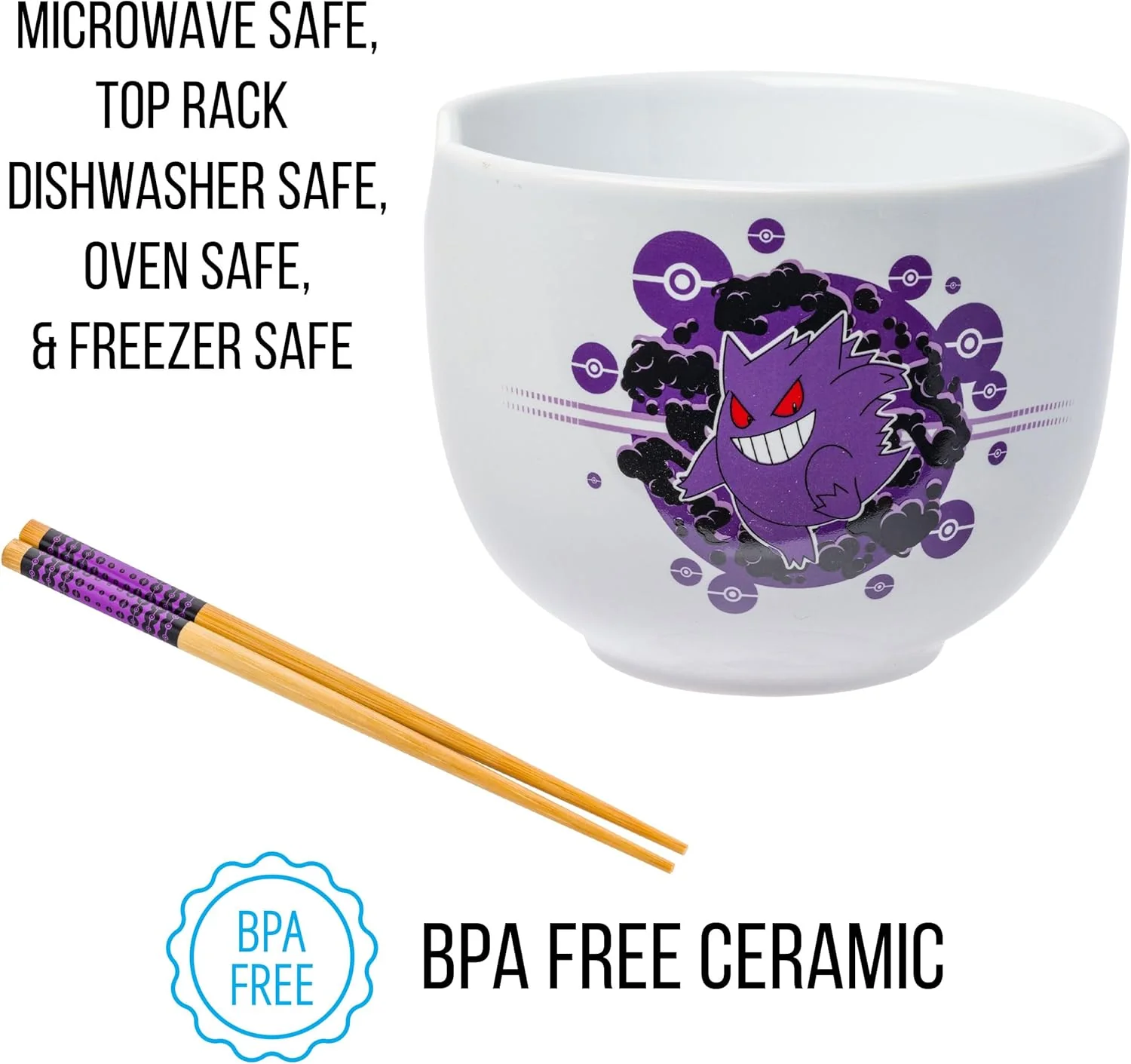 Pokemon Gengar Pokeball Ceramic Ramen Noodle Rice Bowl with Chopsticks Microwave Safe 20 Ounces - Image 3