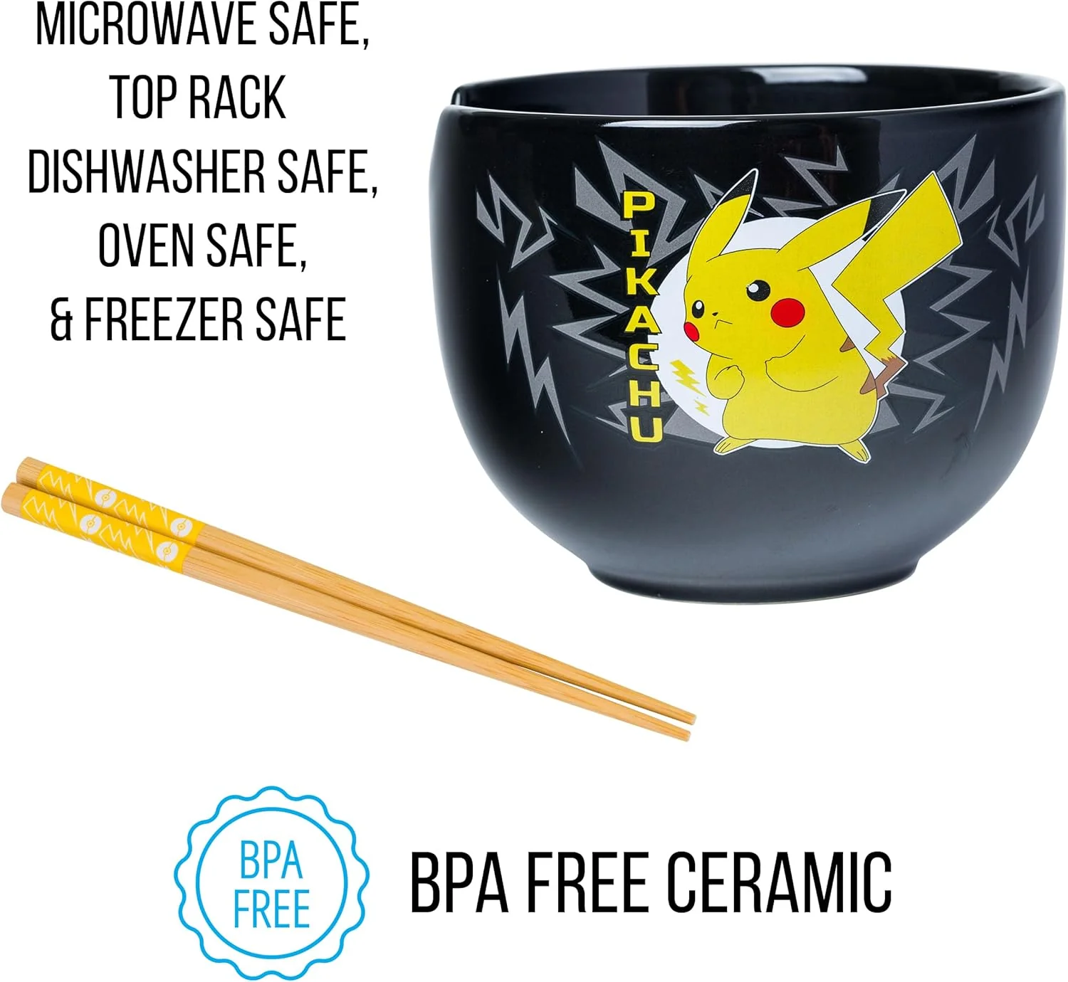 Pokemon Pikachu Black Ceramic Ramen Noodle Rice Bowl with Chopsticks 20 Ounces - Image 3