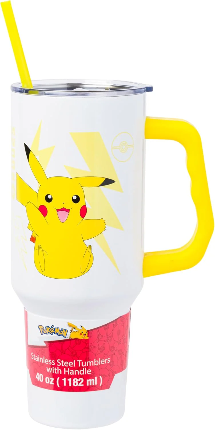 Pokemon Pikachu Stainless Steel Tumbler with Handle Fits in Standard Cup Holder 40 Ounces - Image 1