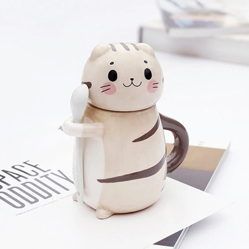 Cute Cat Handmade Coffee Mugs with Spoon - Image 1
