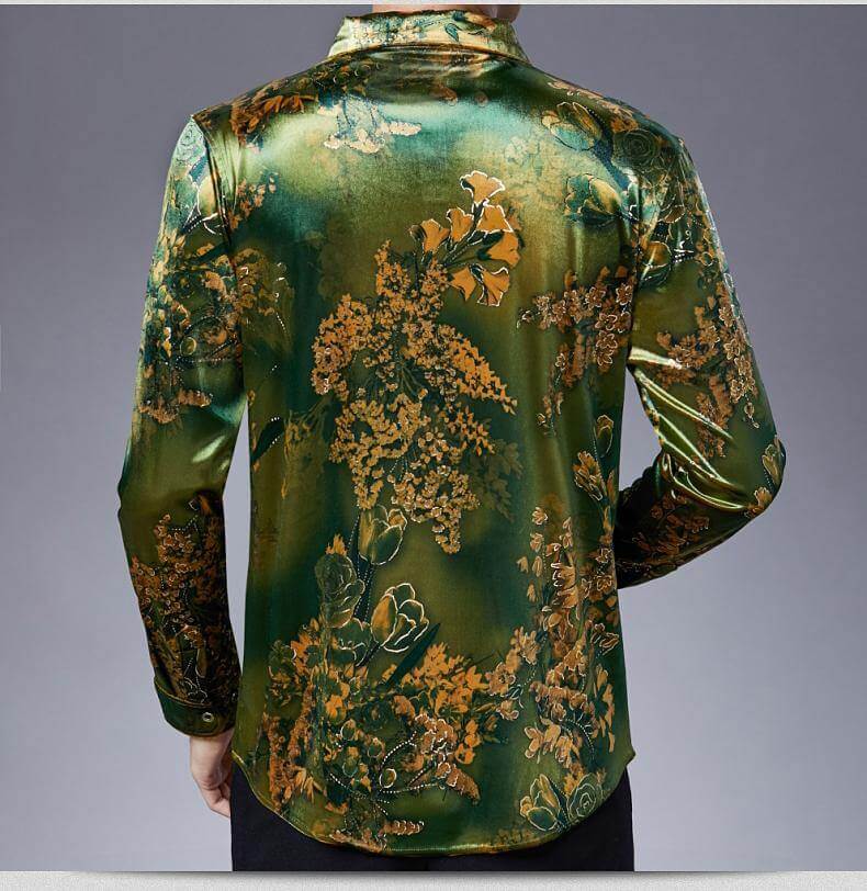 Stretch Velvet Flower Long Sleeve Men Shirt - Image 2