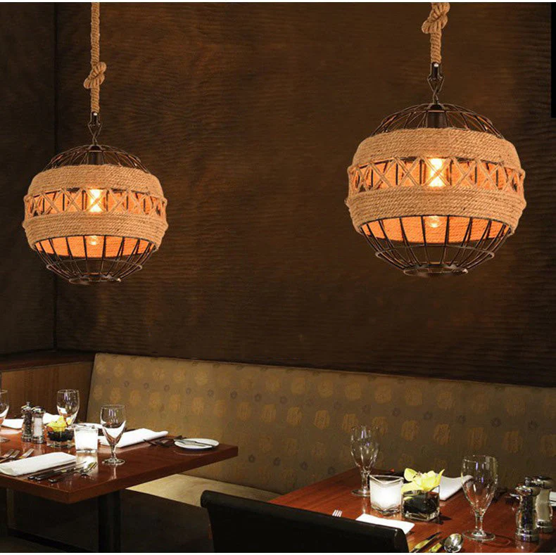 Minimal Natural Retro Rural Rope Ball Chandelier - Image 1