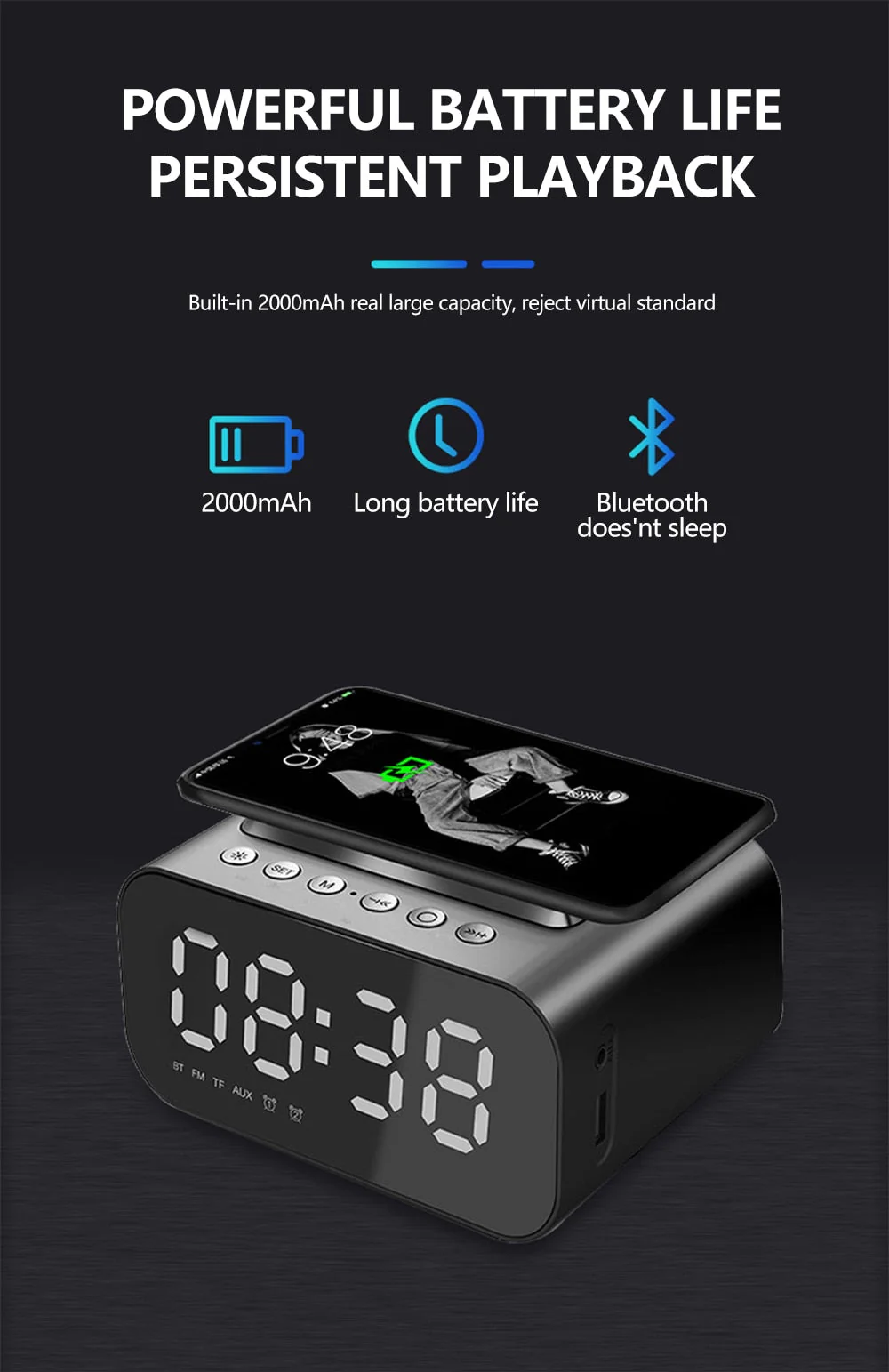 Wireless Dijital Alarm Clock Phone Charger Speaker - Image 2