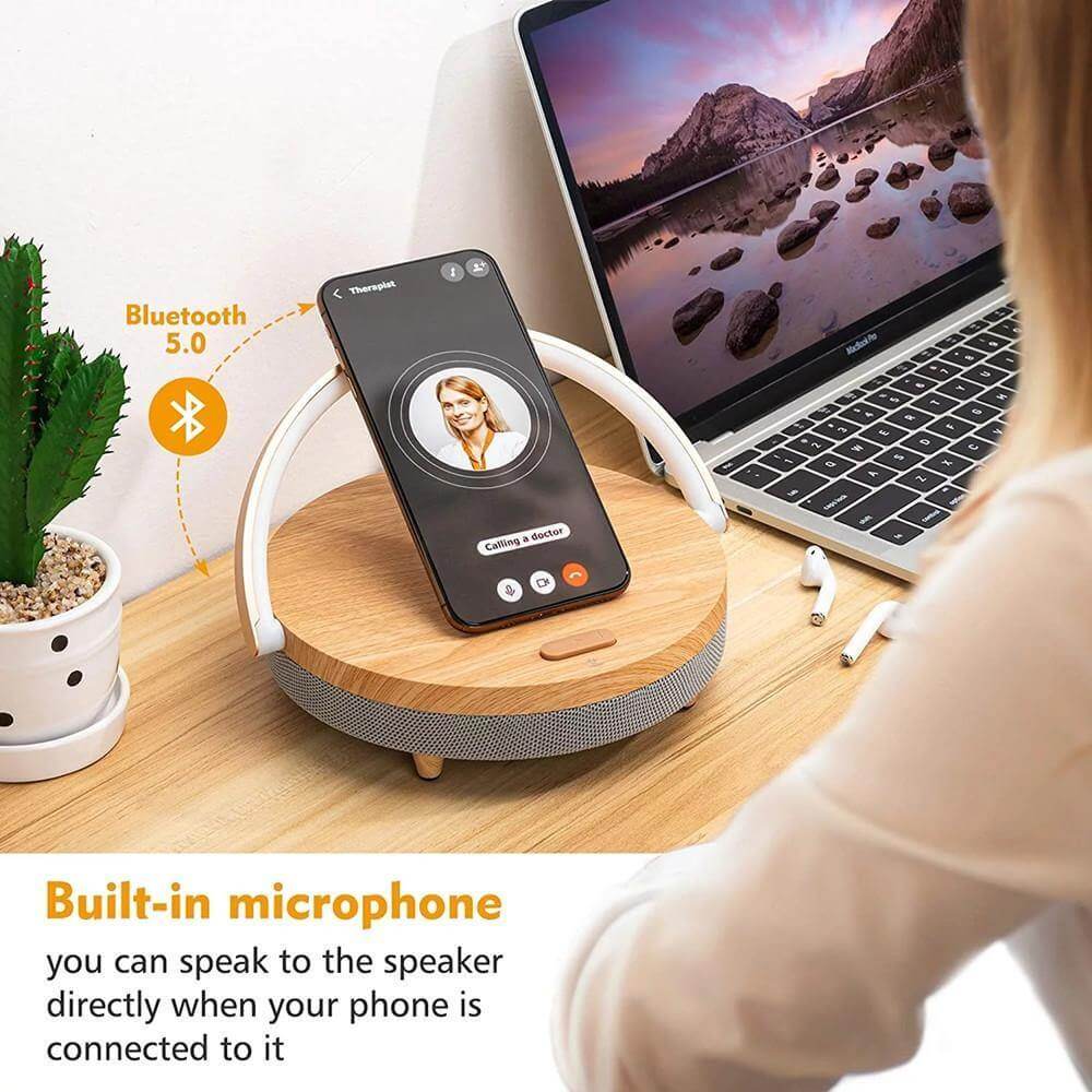 Wooden Base Wireless Charger Speaker Table Lamp - Image 3