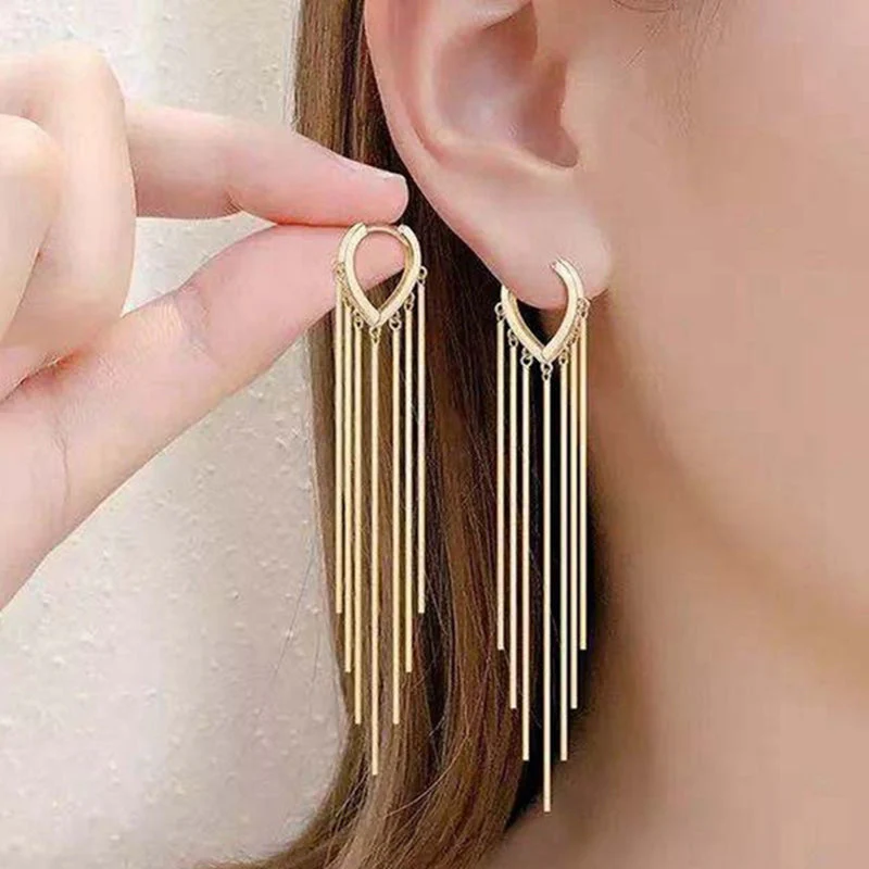 Korean Style Long Tassel Drop Heart Earrings - Image 1