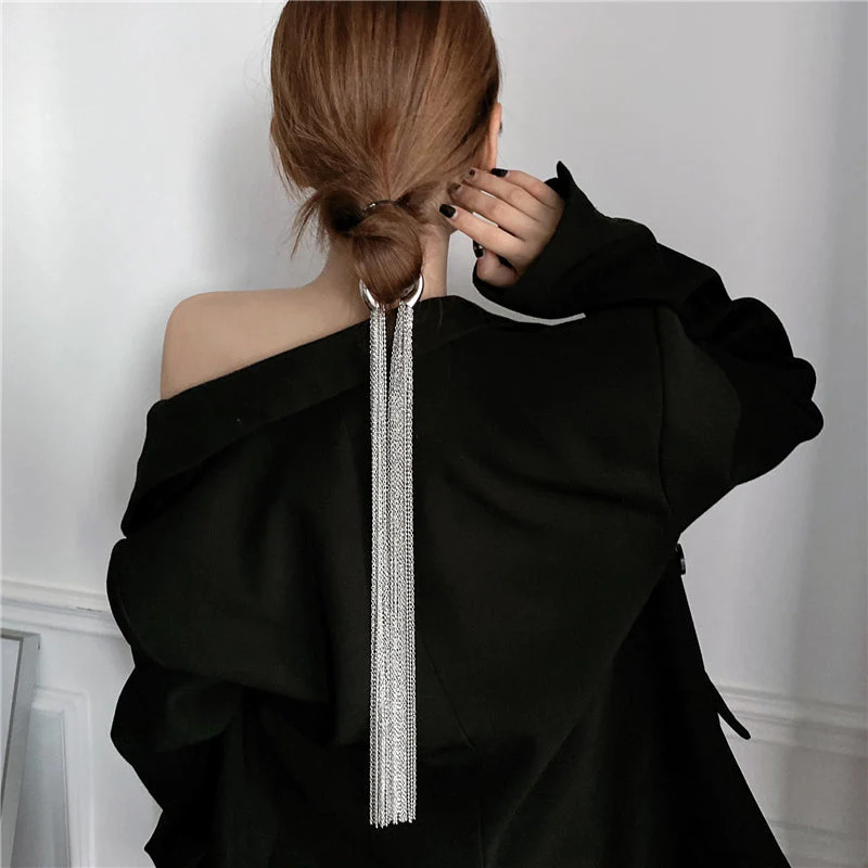 Hyperbole Silver Long Tassel Ponytail Hair Accessory - Image 3