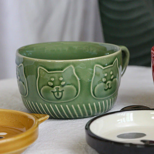 Japanese Ceramic Cat Breakfast Mug with Lid - Image 2