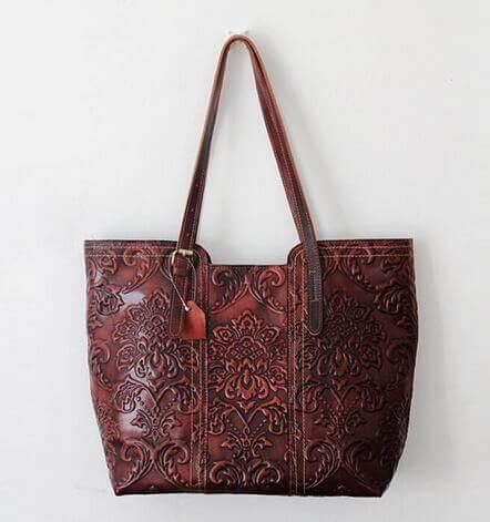 Handmade Vintage Genuine Leather Flower Pattern Women Bag - Image 2