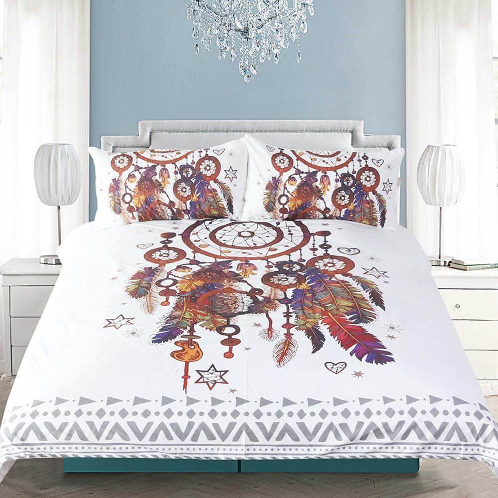 3pcs Luxury Hipster Watercolor Dreamcatcher Feathers Comfortable Duvet Cover Bedding Set - Image 2