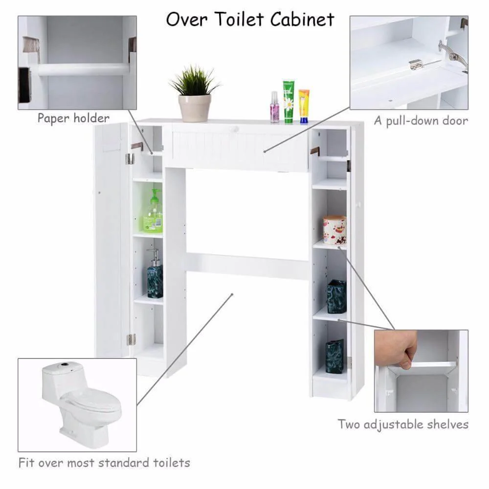 Wooden White Shelf Over The Toilet Storage Cabinet Drop Door Spacesaver Modern Bathroom Cabinets - Image 2