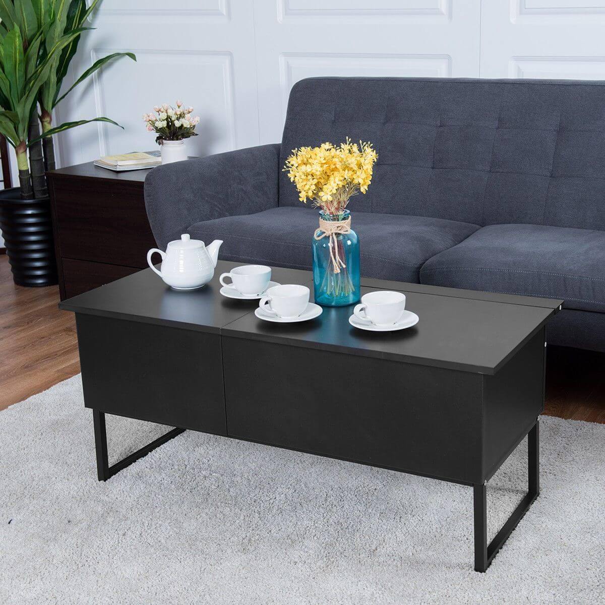 Black Modern Wood Hidden Storage Lift Top Table - Image 2
