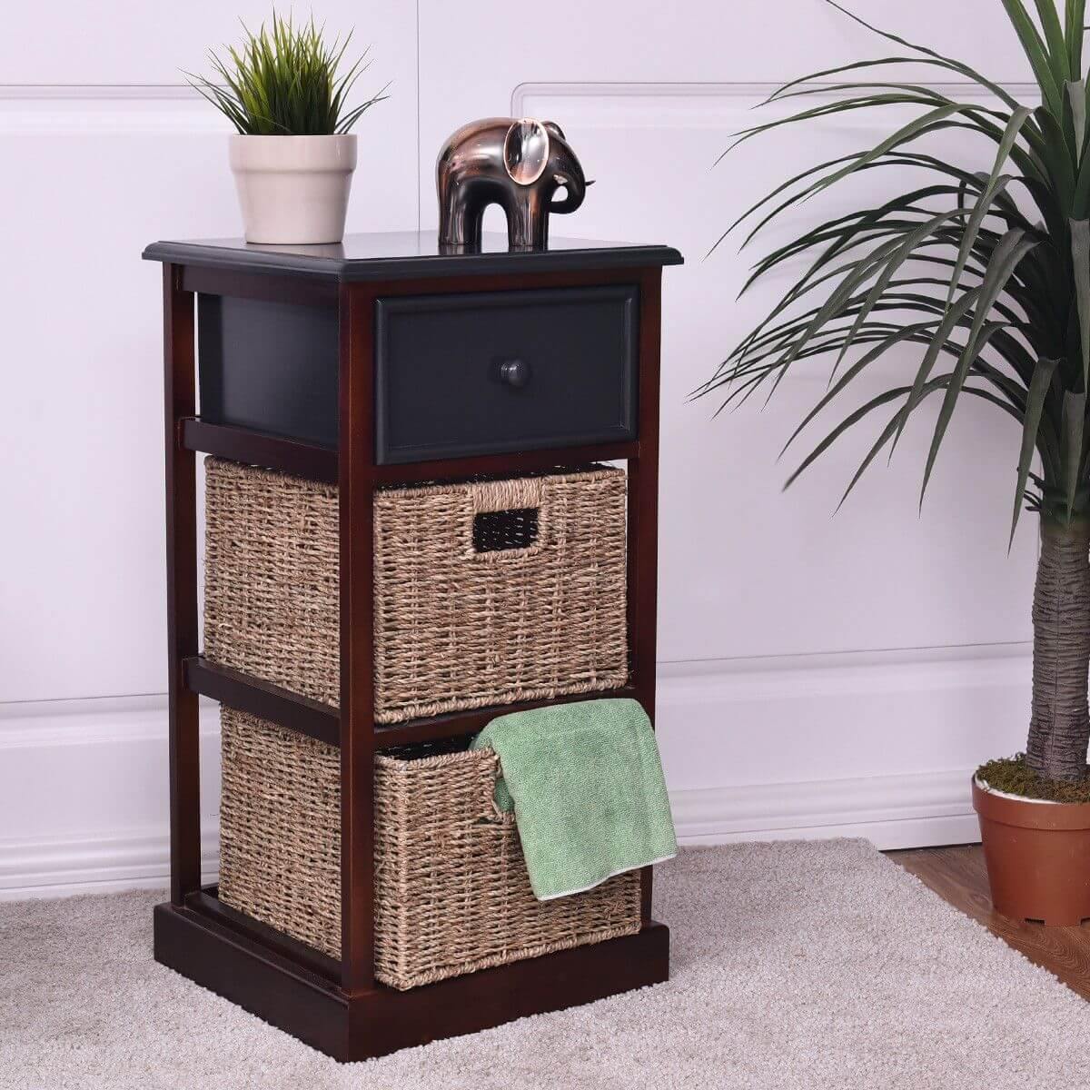 3 Tiers Wooden Nightstand with 1 Drawer 2 Baskets - Image 3
