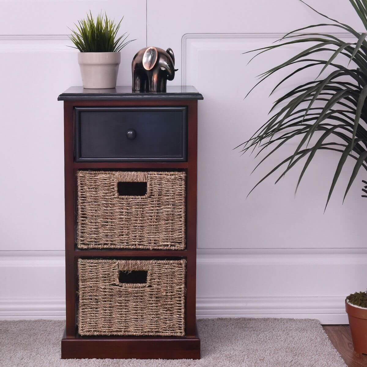 3 Tiers Wooden Nightstand with 1 Drawer 2 Baskets - Image 2