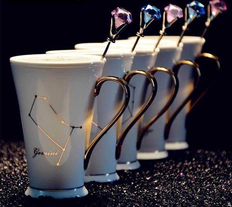 White And Gold Ceramic Coffee mugs with Zodiac Signs - Image 3