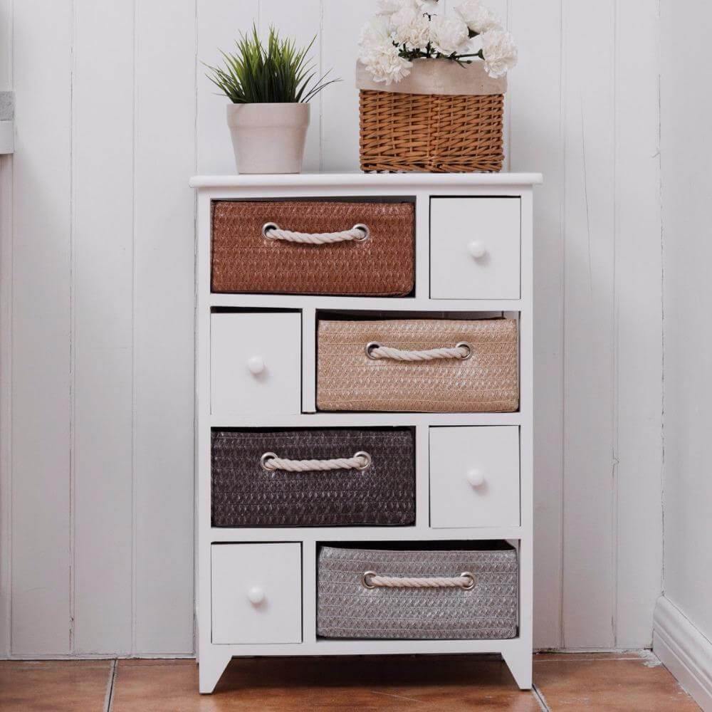Wooden 4 Drawer 4 Woven Basket Storage Cabinet - Image 3