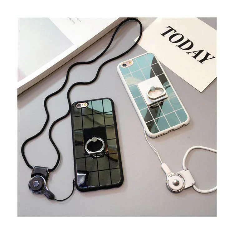Simple Black White Plaid Mirror Iphone Cases with Strap - Image 1
