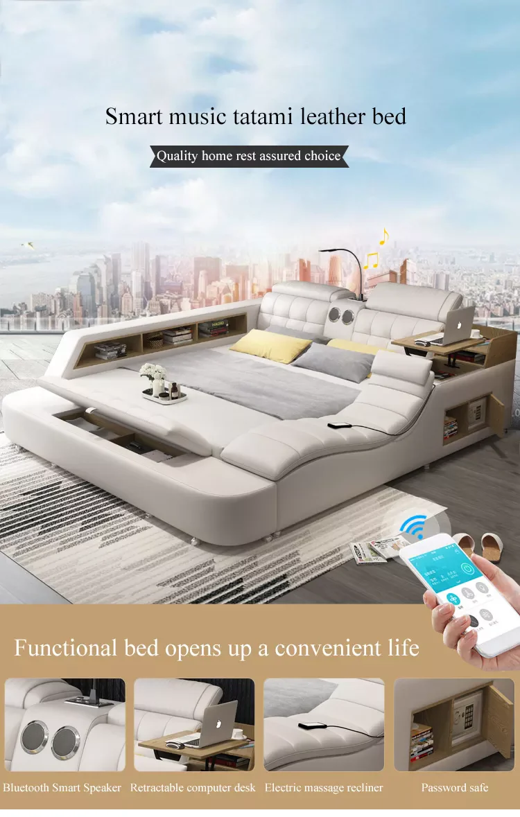 Luxury Leather Multifunctional Modern Bed Frame with Massage Chair - Image 2