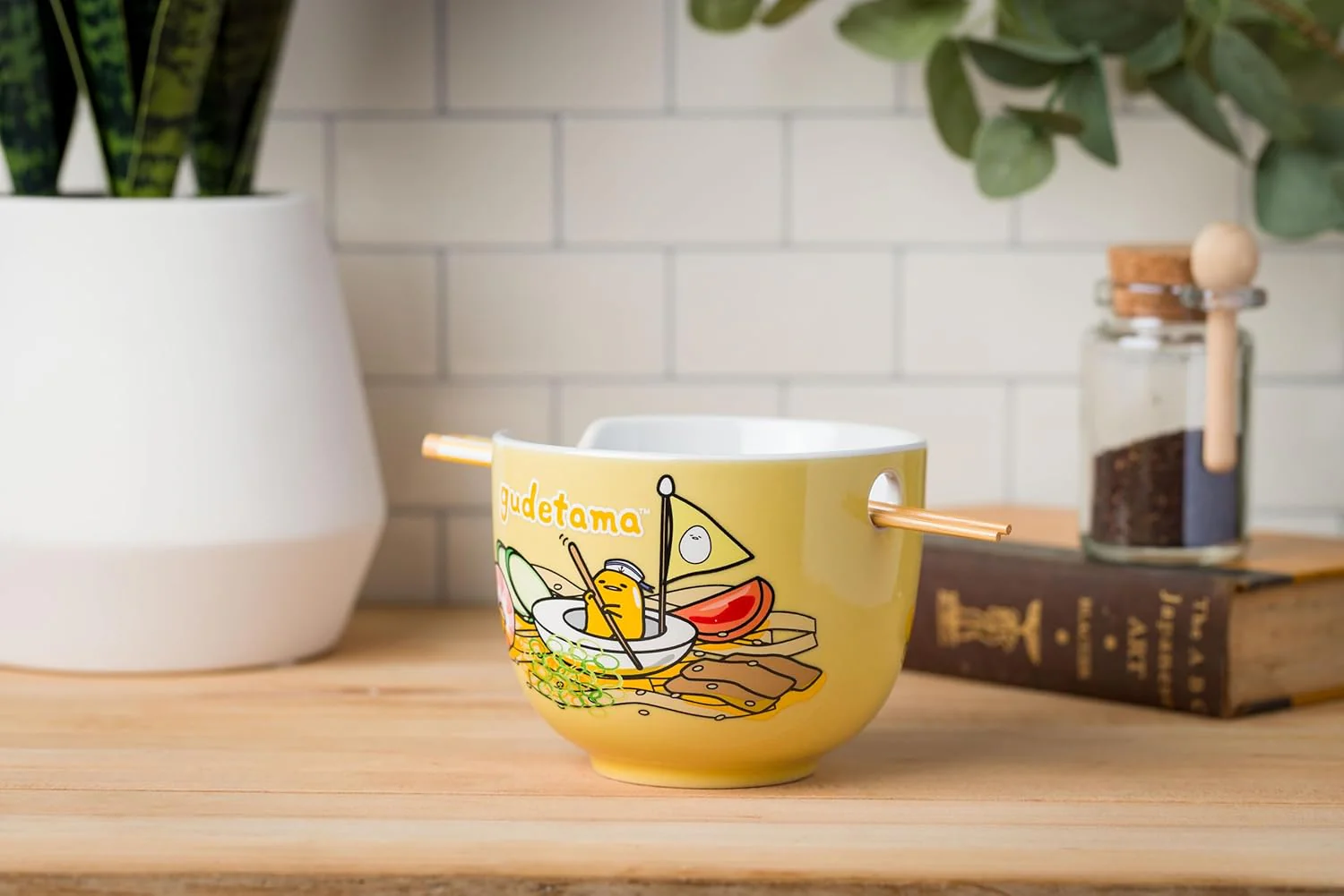 Sanrio Hello Kitty and Friends Gudetama Lazy Egg Sailing In Ramen Ceramic Bowl with Chopsticks 20oz - Image 2