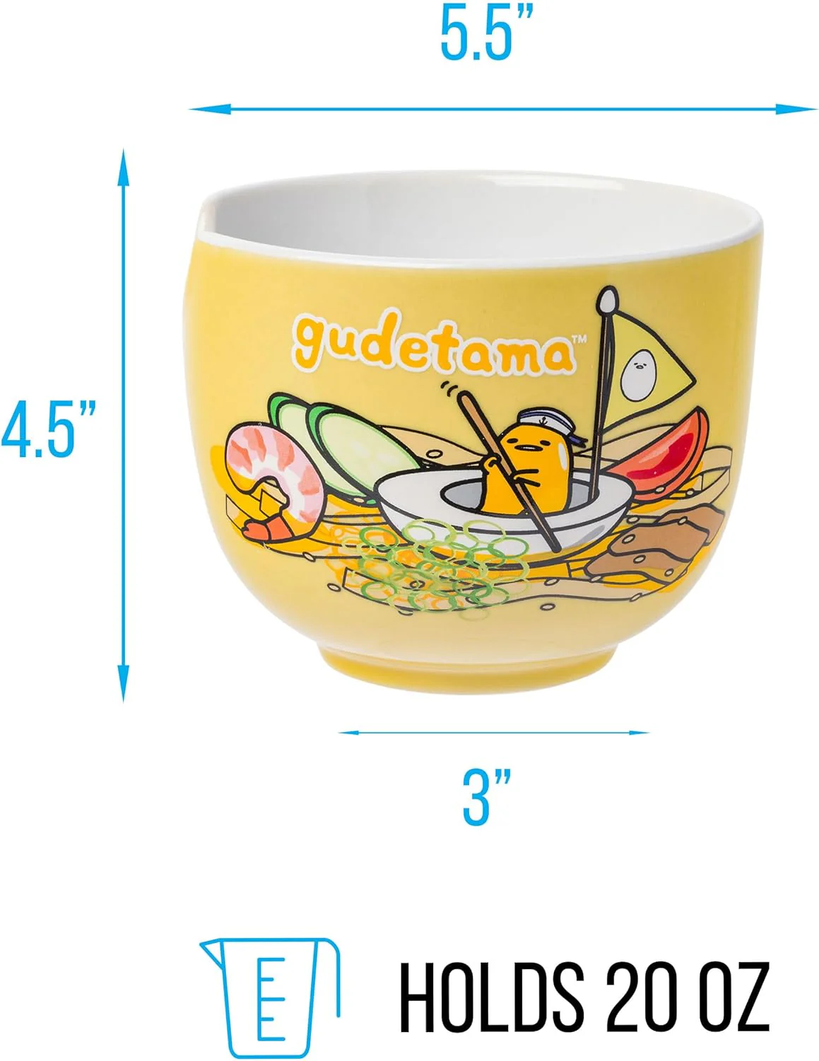 Sanrio Hello Kitty and Friends Gudetama Lazy Egg Sailing In Ramen Ceramic Bowl with Chopsticks 20oz - Image 3