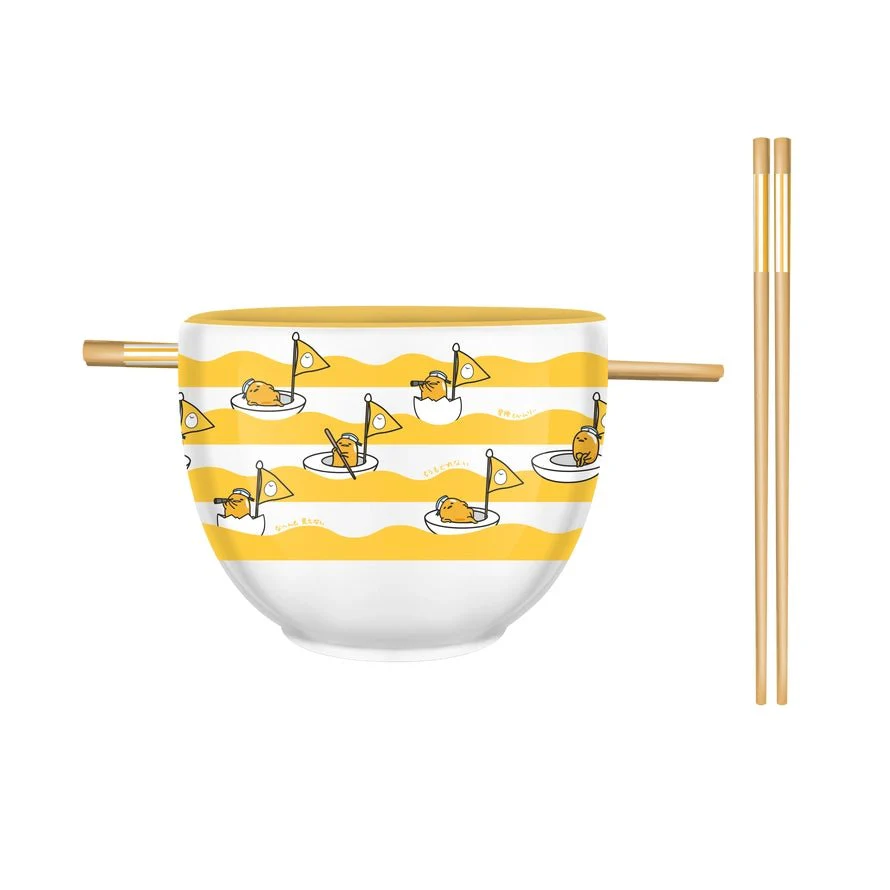 Sanrio Hello Kitty and Friends Gudetama Sail Boat Waves Ceramic Ramen Noodle Rice Bowl with Chopsticks Microwave Safe 20 Ounces - Image 1
