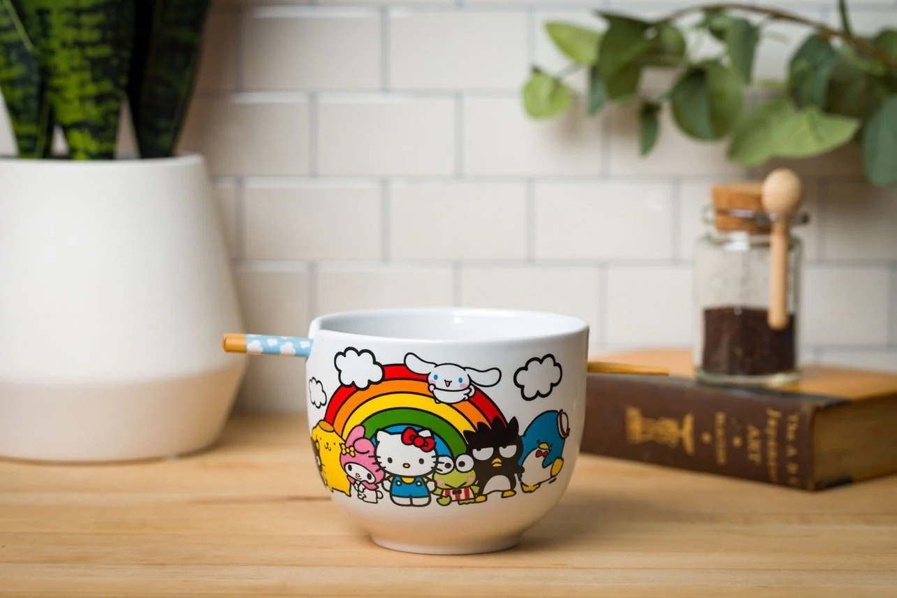 Sanrio Hello Kitty and Friends Rainbow Ceramic Ramen Rice Bowl with Chopsticks Microwave Safe 20 Ounces - Image 2