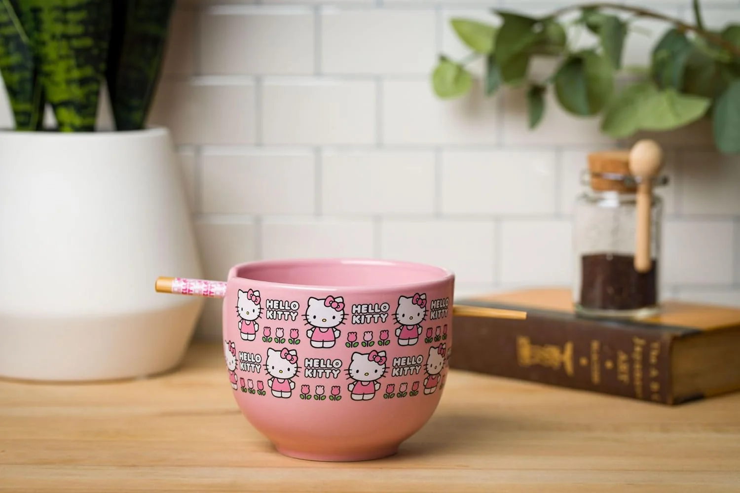 Sanrio Hello Kitty Face and Standing Logo Pattern Bowl with Chopsticks 20 Ounces - Image 2