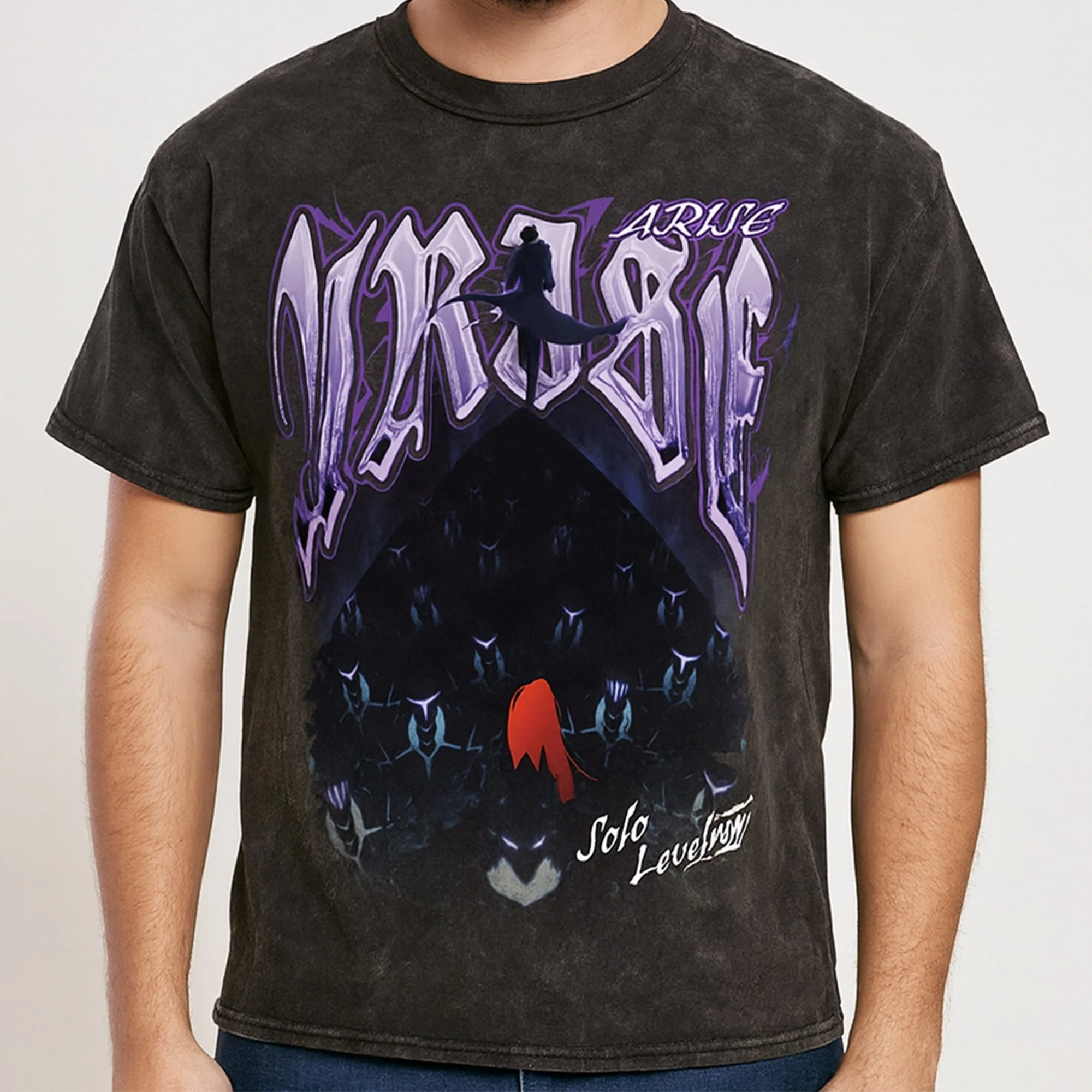Solo Leveling - Sung Jinwoo Art Black Mineral Wash Adult Men's T-Shirt - Image 2